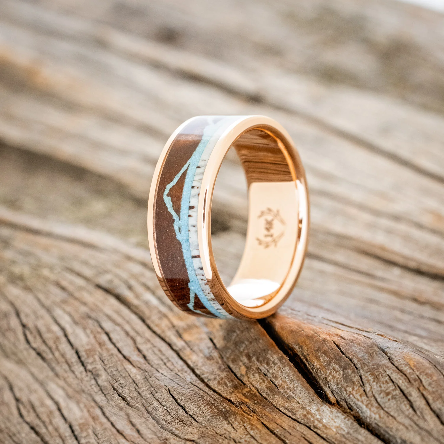 "THE EXPEDITION" - MOUNTAIN ENGRAVED WEDDING RING WITH REDWOOD, TURQUOISE & ANTLER - Image 16