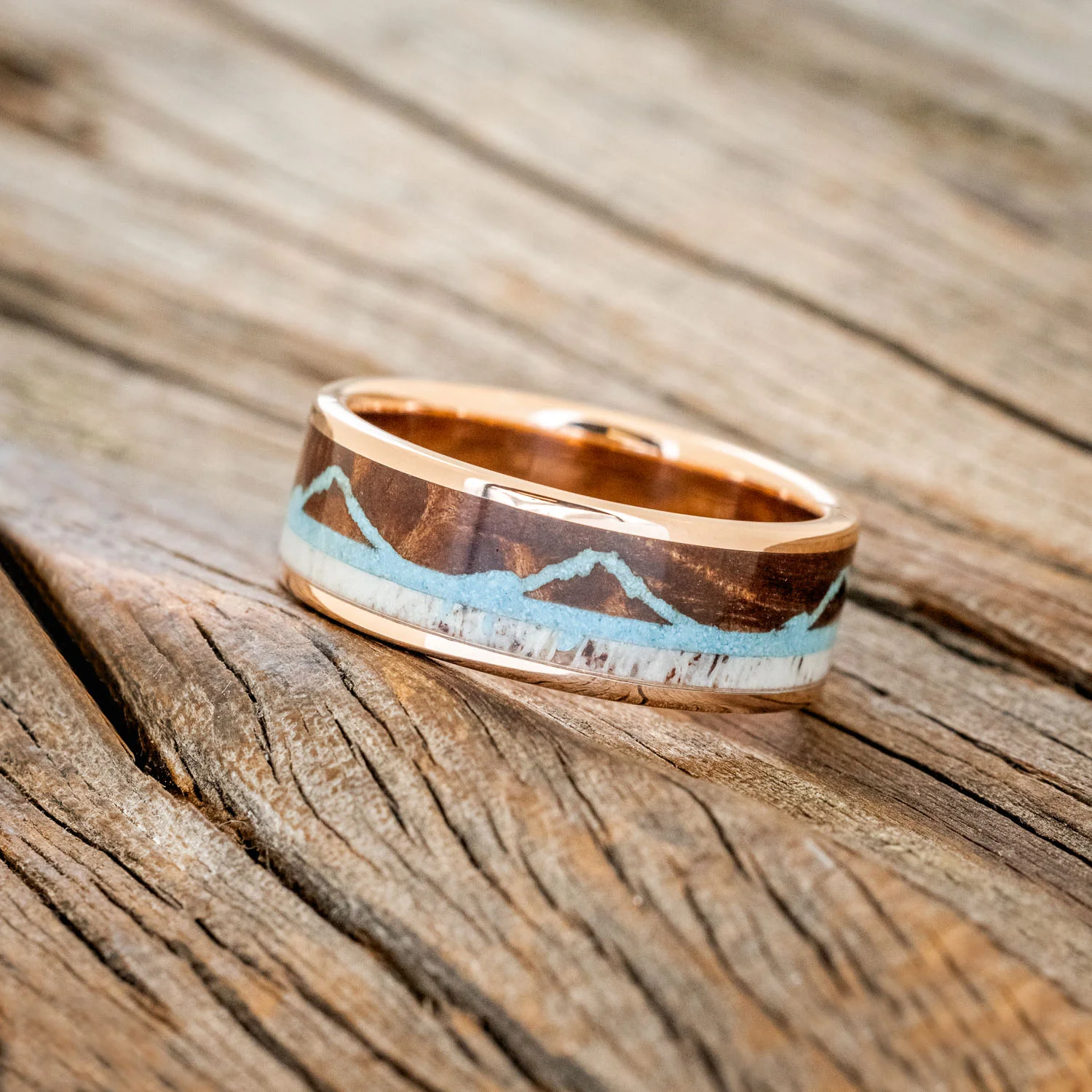 "THE EXPEDITION" - MOUNTAIN ENGRAVED WEDDING RING WITH REDWOOD, TURQUOISE & ANTLER - Image 17