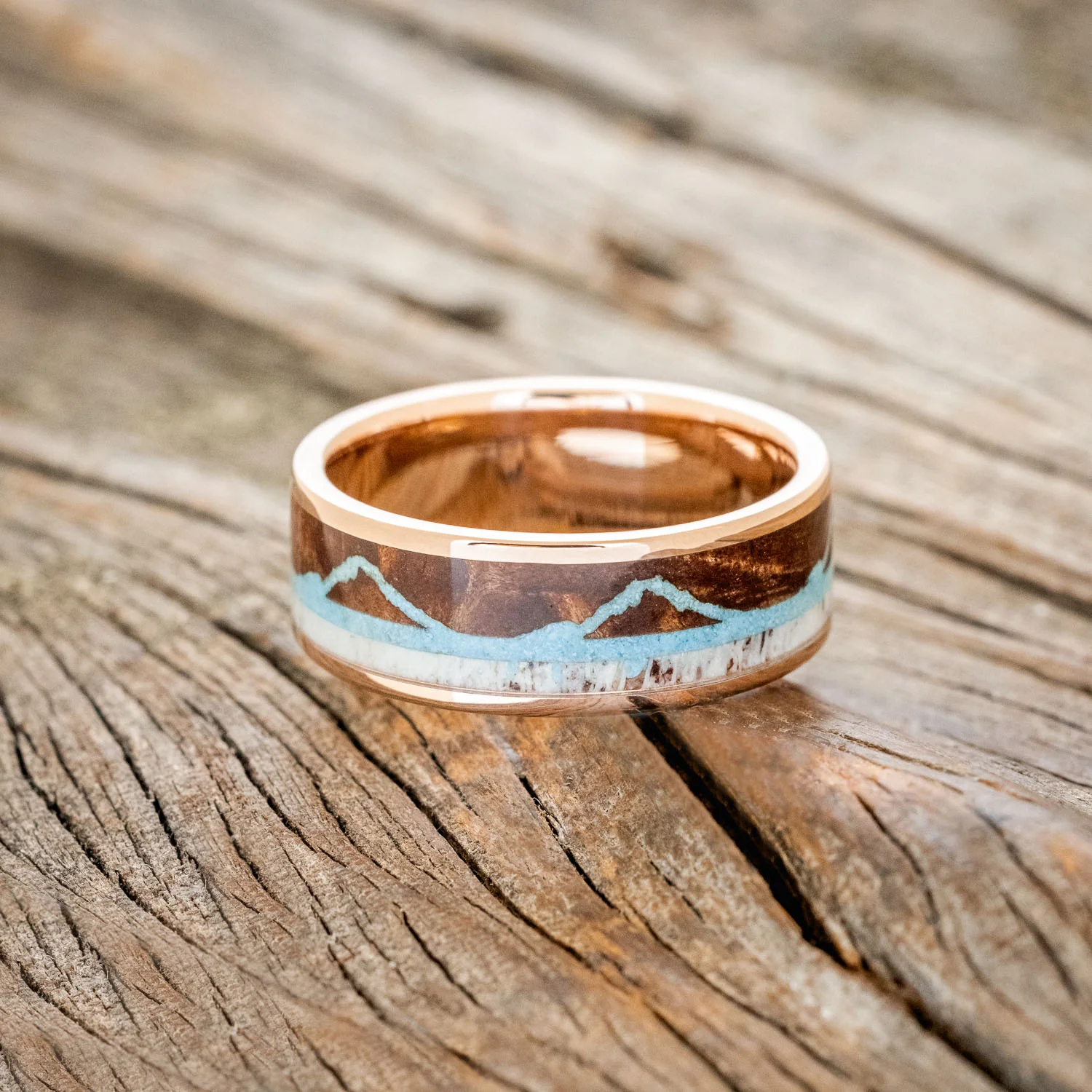 "THE EXPEDITION" - MOUNTAIN ENGRAVED WEDDING RING WITH REDWOOD, TURQUOISE & ANTLER - Image 18