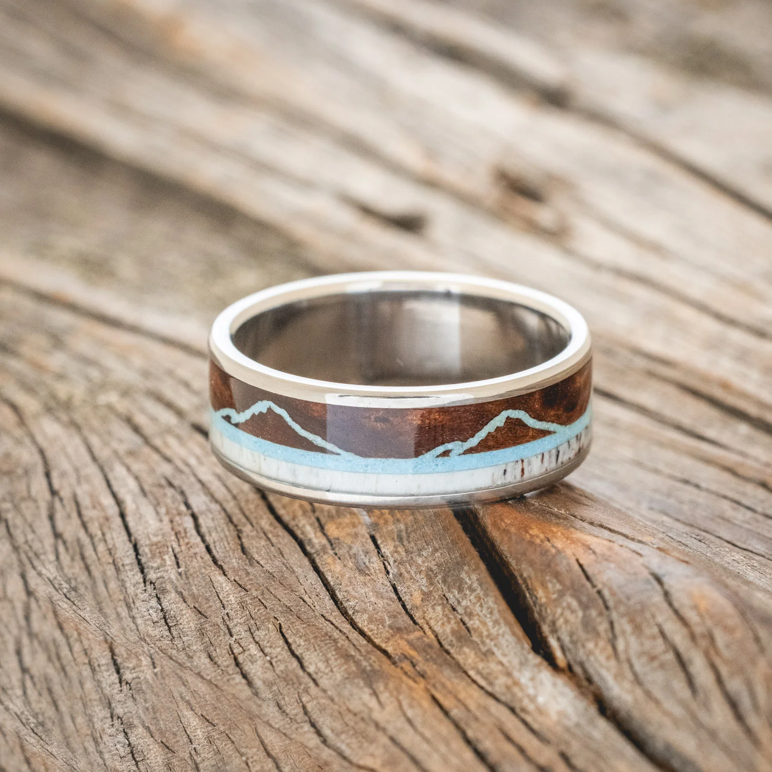 "THE EXPEDITION" - MOUNTAIN ENGRAVED WEDDING RING WITH REDWOOD, TURQUOISE & ANTLER - Image 3