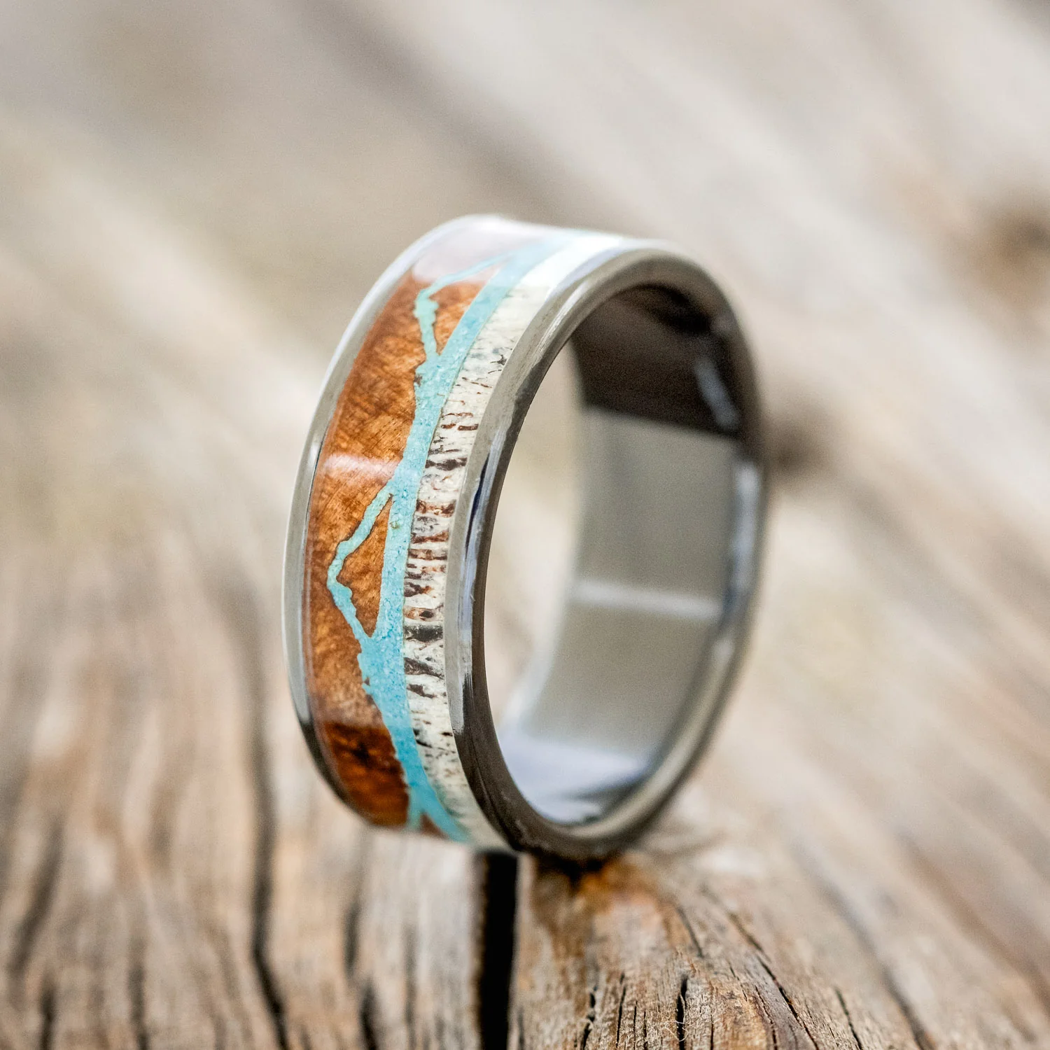 "THE EXPEDITION" - MOUNTAIN ENGRAVED WEDDING RING WITH REDWOOD, TURQUOISE & ANTLER - Image 4