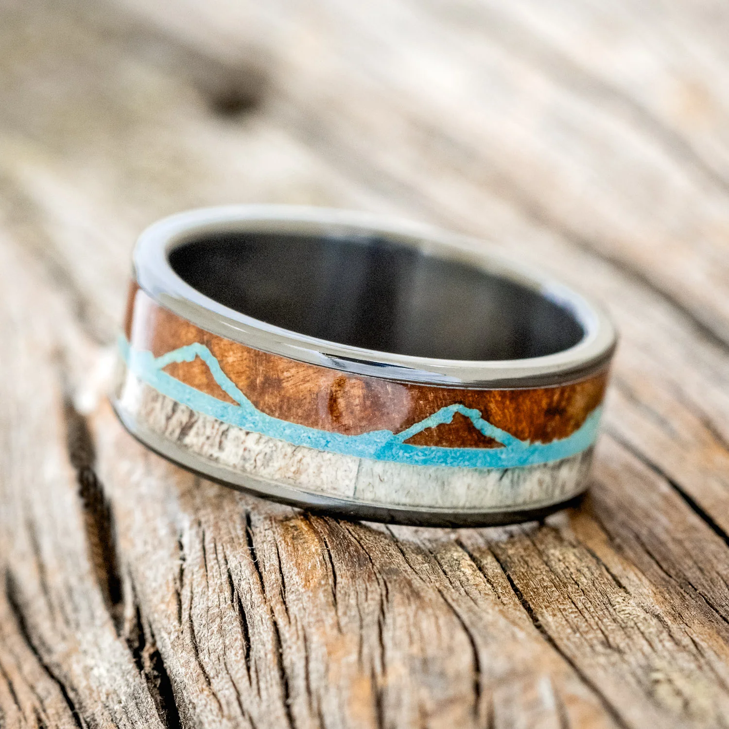"THE EXPEDITION" - MOUNTAIN ENGRAVED WEDDING RING WITH REDWOOD, TURQUOISE & ANTLER - Image 5