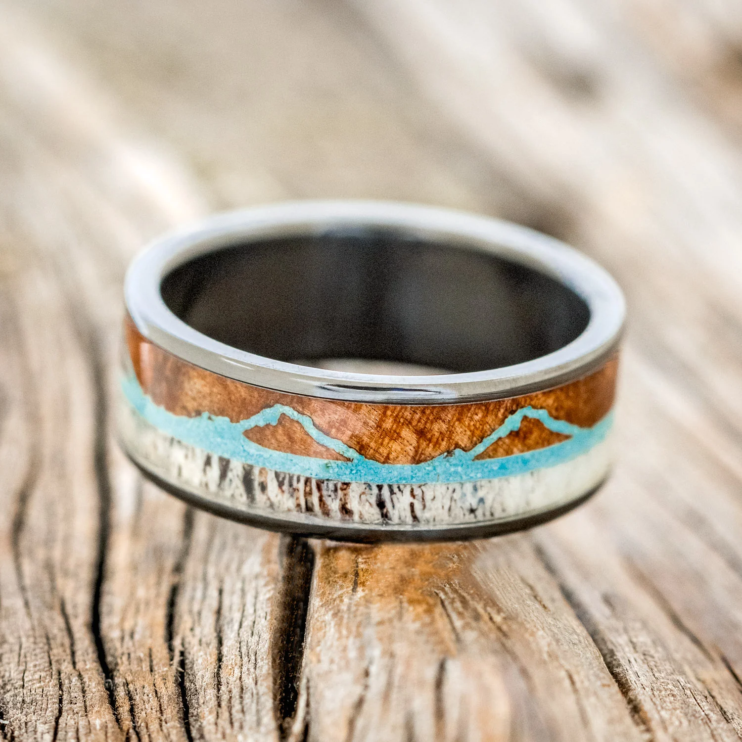 "THE EXPEDITION" - MOUNTAIN ENGRAVED WEDDING RING WITH REDWOOD, TURQUOISE & ANTLER - Image 6
