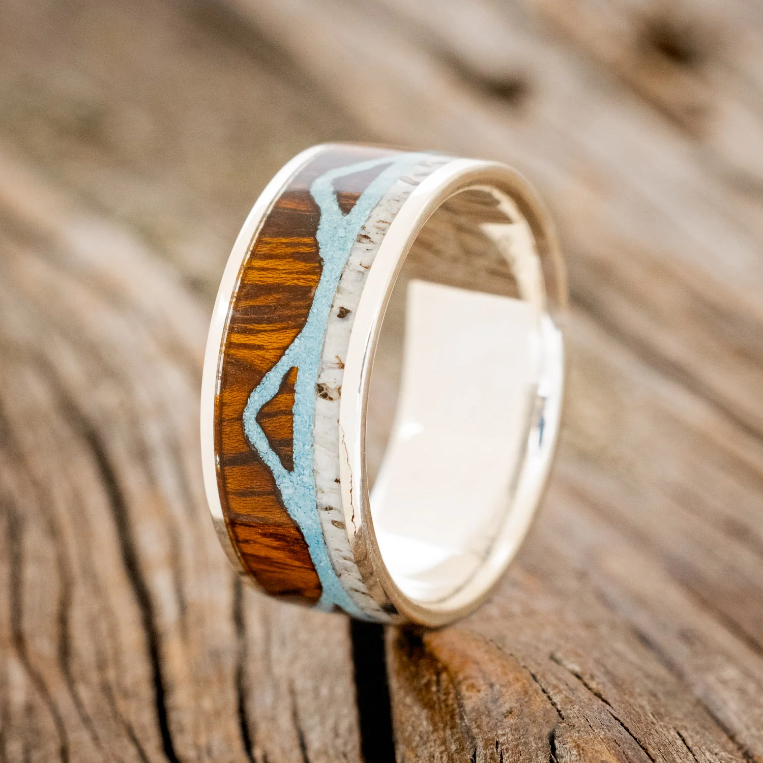 "THE EXPEDITION" - MOUNTAIN ENGRAVED WEDDING RING WITH REDWOOD, TURQUOISE & ANTLER - Image 7