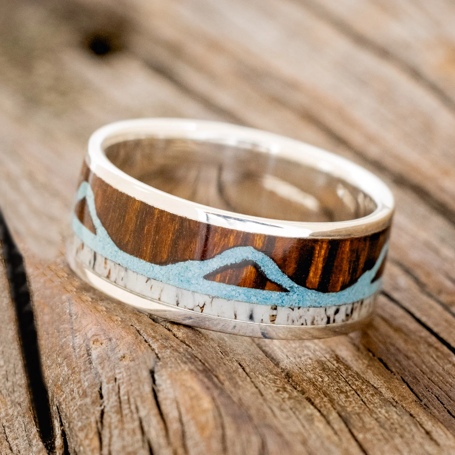"THE EXPEDITION" - MOUNTAIN ENGRAVED WEDDING RING WITH REDWOOD, TURQUOISE & ANTLER - Image 8