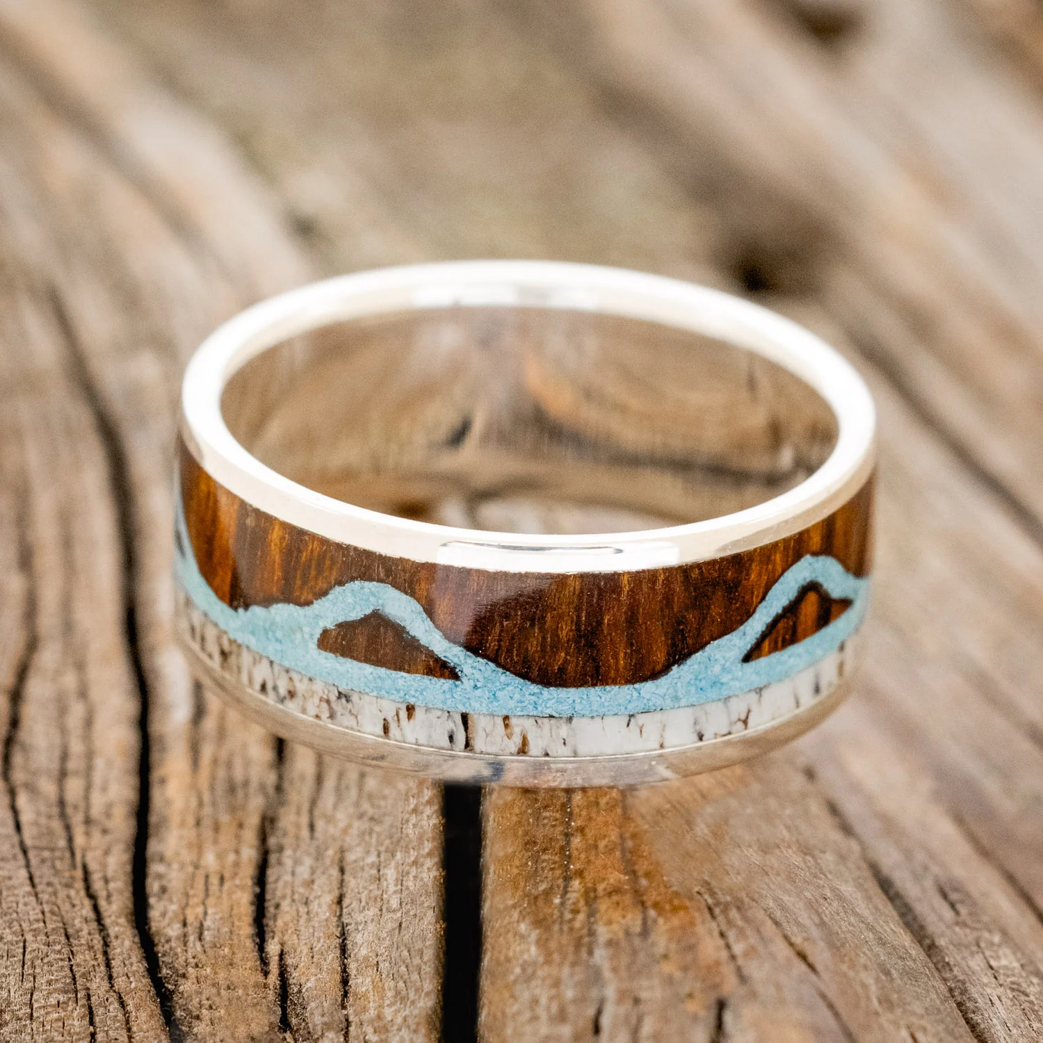 "THE EXPEDITION" - MOUNTAIN ENGRAVED WEDDING RING WITH REDWOOD, TURQUOISE & ANTLER - Image 9