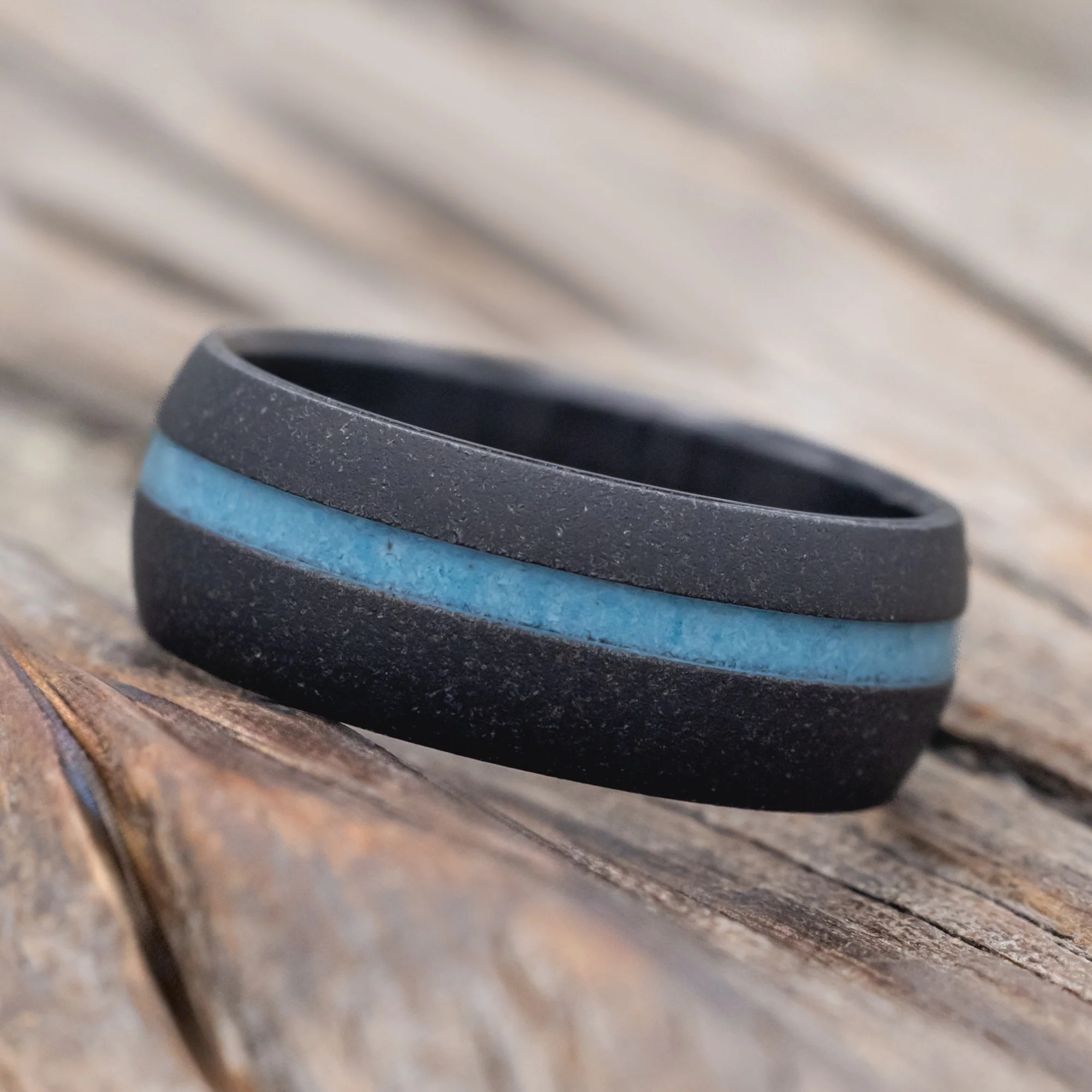 "VERTIGO" - DOMED TURQUOISE WEDDING BAND WITH SANDBLASTED FINISH - Image 6