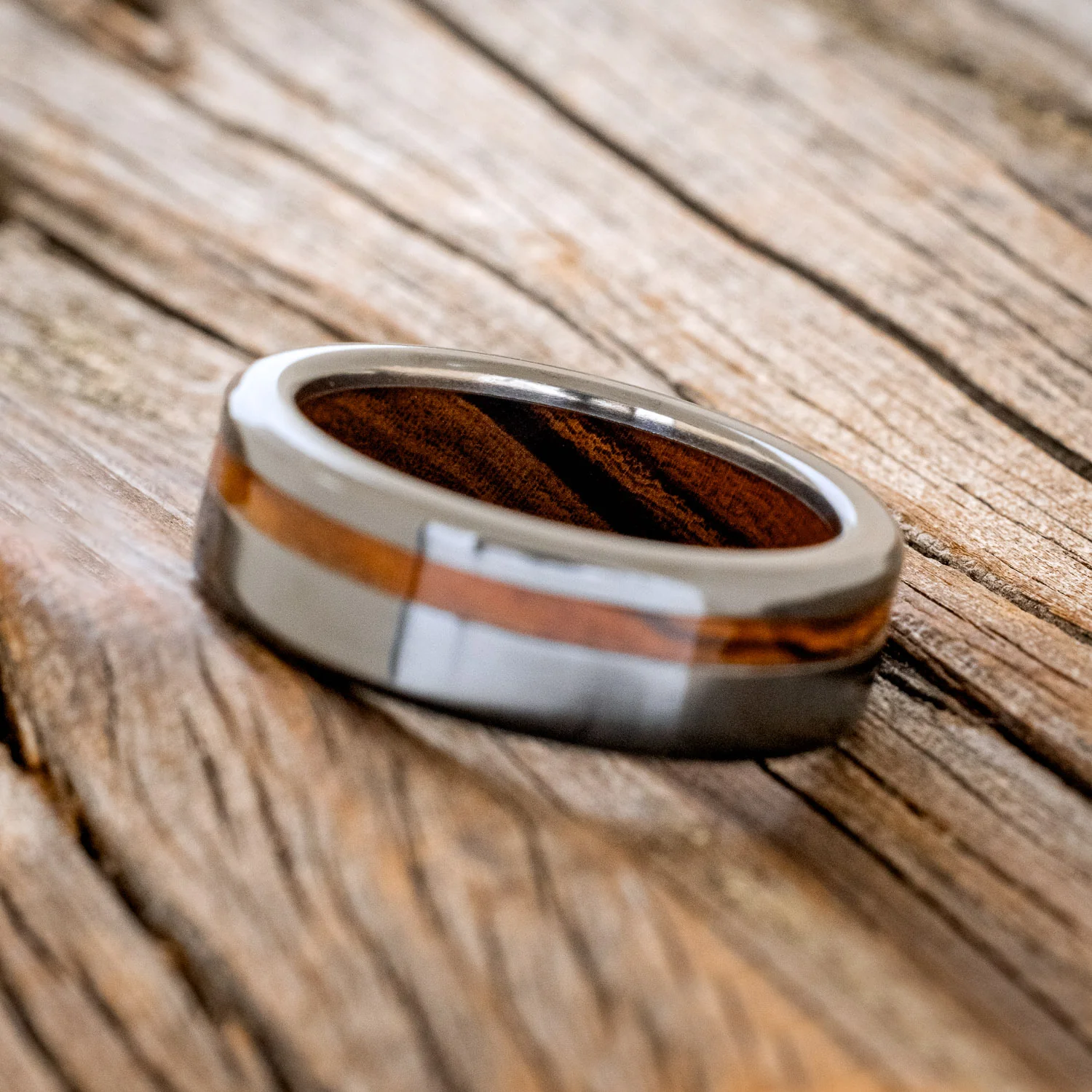 "VERTIGO" - IRONWOOD LINING & INLAY WEDDING RING - Image 11
