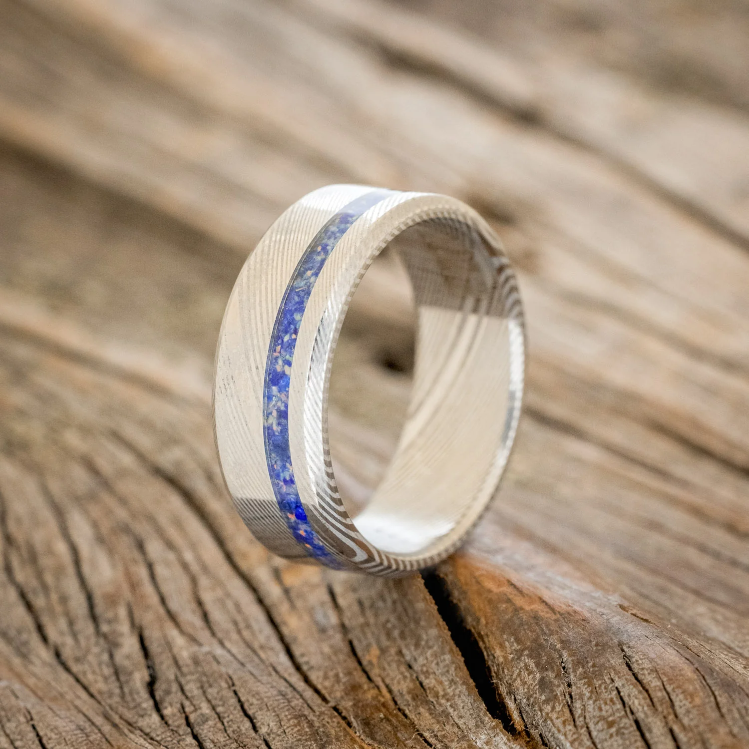 "VERTIGO" - MIXED LAPIS LAZULI & FIRE AND ICE OPAL WEDDING BAND - Image 10
