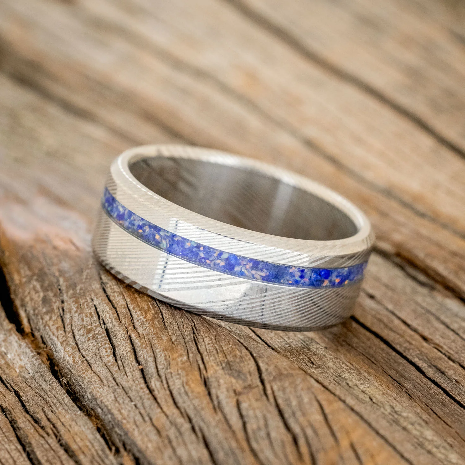 "VERTIGO" - MIXED LAPIS LAZULI & FIRE AND ICE OPAL WEDDING BAND - Image 11