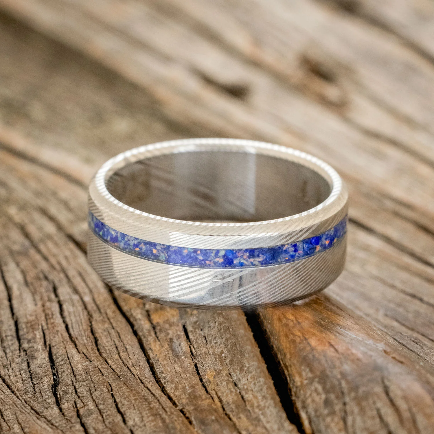"VERTIGO" - MIXED LAPIS LAZULI & FIRE AND ICE OPAL WEDDING BAND - Image 12