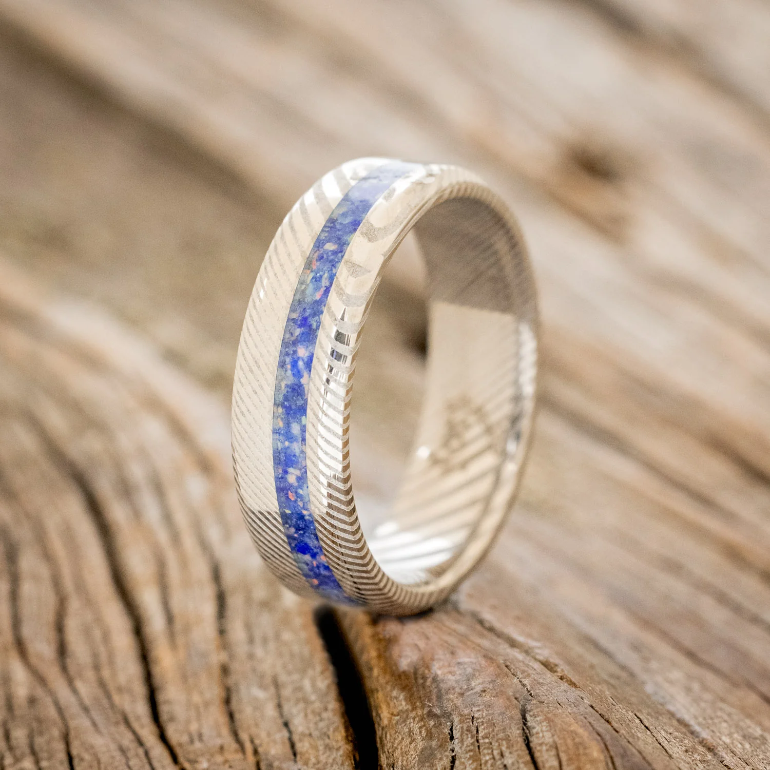 "VERTIGO" - MIXED LAPIS LAZULI & FIRE AND ICE OPAL WEDDING BAND - Image 13