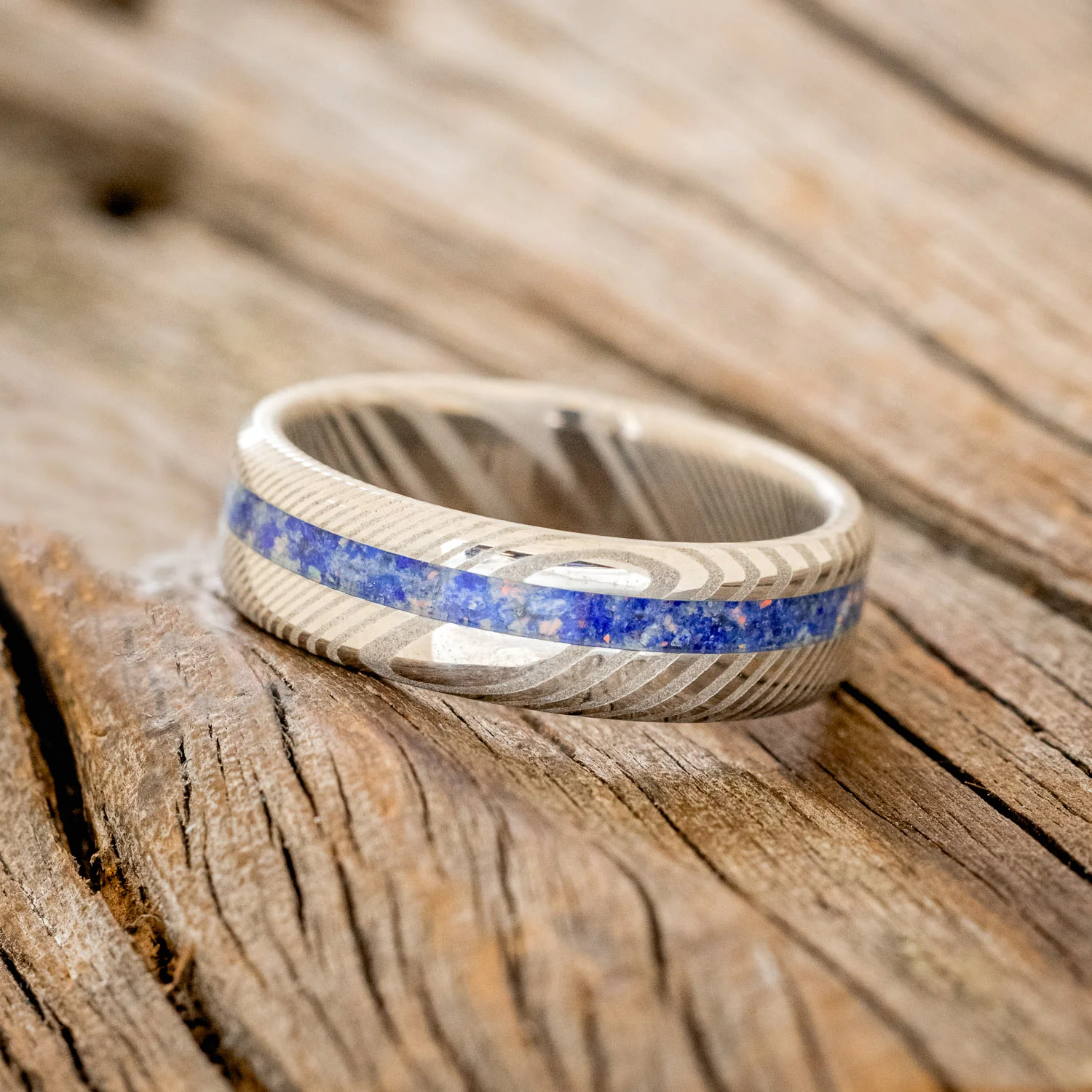"VERTIGO" - MIXED LAPIS LAZULI & FIRE AND ICE OPAL WEDDING BAND - Image 14