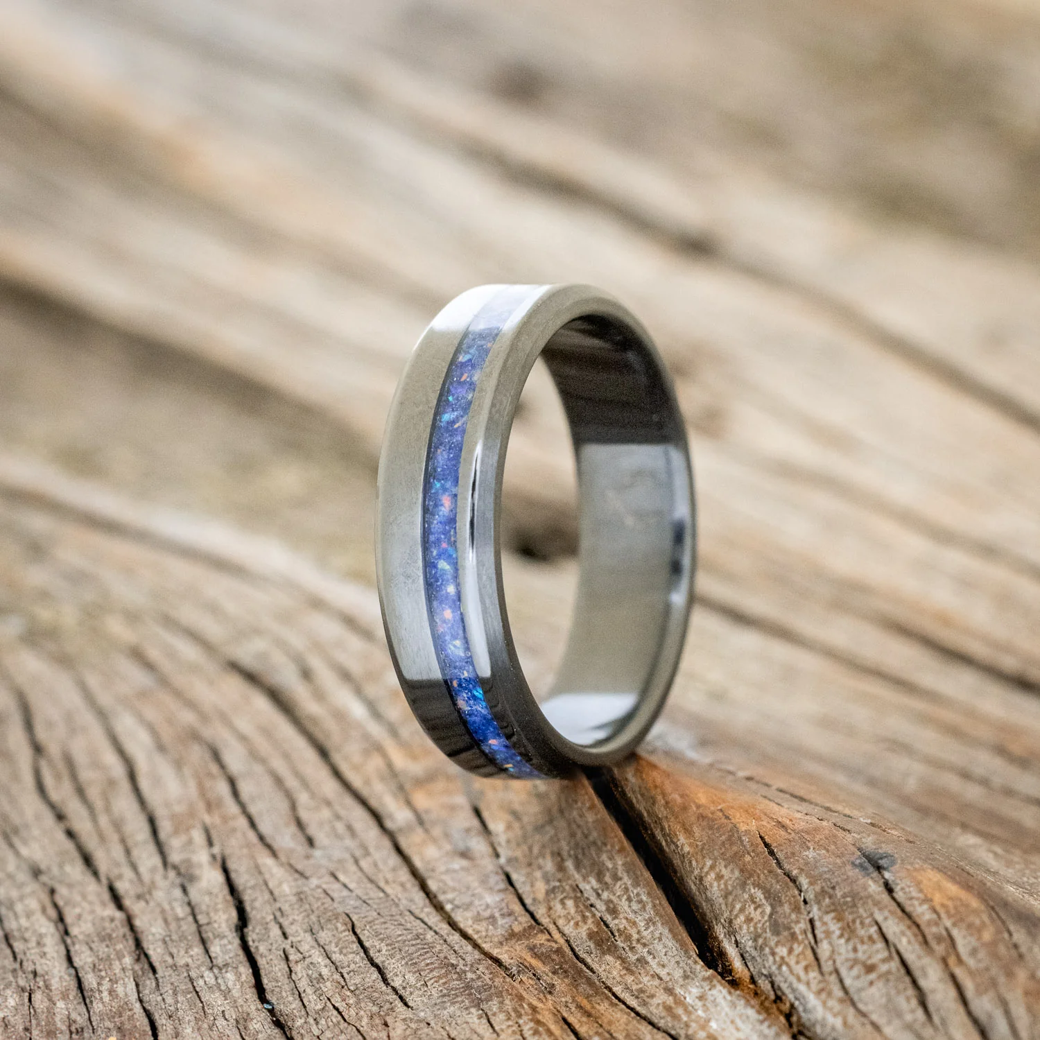 "VERTIGO" - MIXED LAPIS LAZULI & FIRE AND ICE OPAL WEDDING BAND - Image 19
