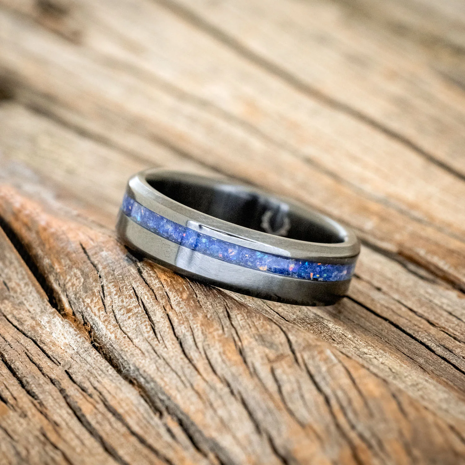 "VERTIGO" - MIXED LAPIS LAZULI & FIRE AND ICE OPAL WEDDING BAND - Image 20