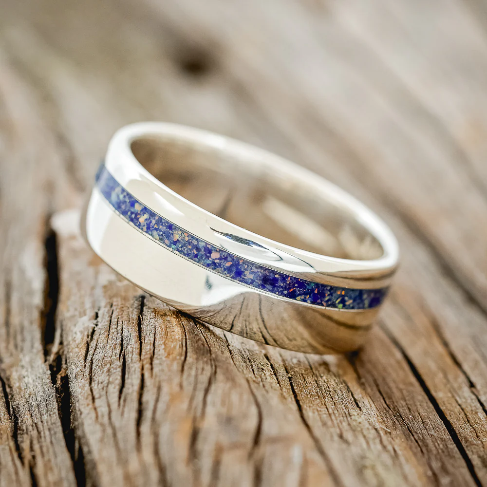 "VERTIGO" - MIXED LAPIS LAZULI & FIRE AND ICE OPAL WEDDING BAND - Image 26