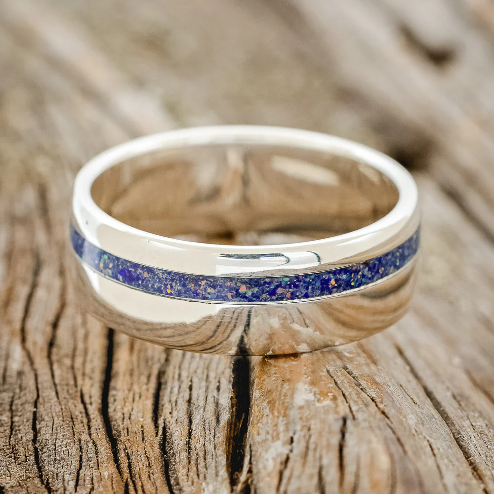 "VERTIGO" - MIXED LAPIS LAZULI & FIRE AND ICE OPAL WEDDING BAND - Image 27
