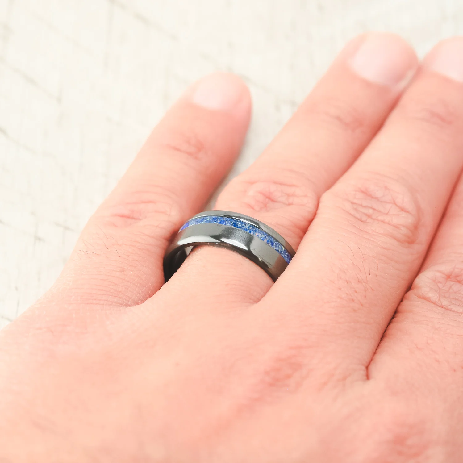 "VERTIGO" - MIXED LAPIS LAZULI & FIRE AND ICE OPAL WEDDING BAND - Image 28