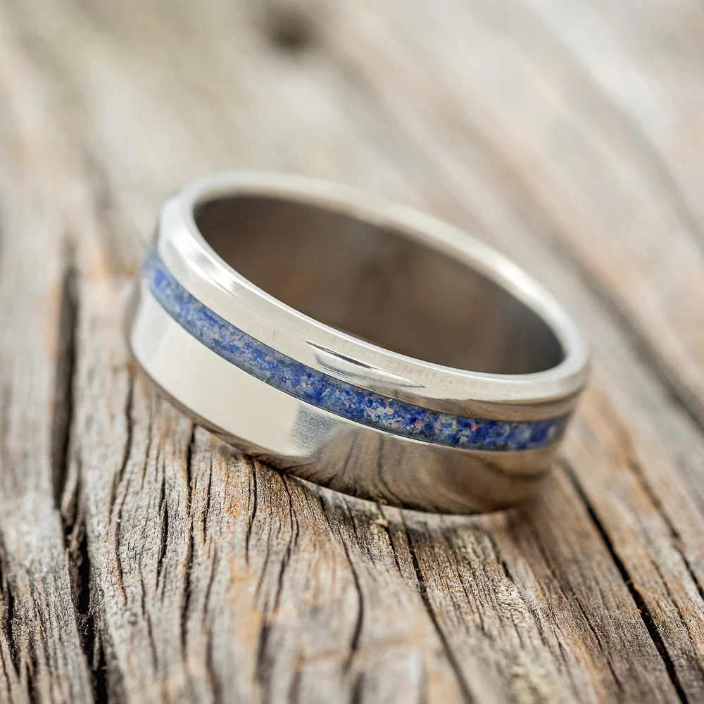 "VERTIGO" - MIXED LAPIS LAZULI & FIRE AND ICE OPAL WEDDING BAND - Image 3