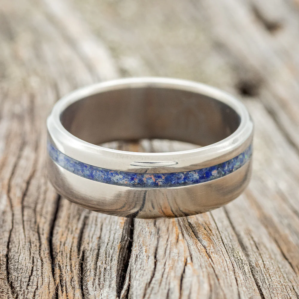 "VERTIGO" - MIXED LAPIS LAZULI & FIRE AND ICE OPAL WEDDING BAND - Image 4