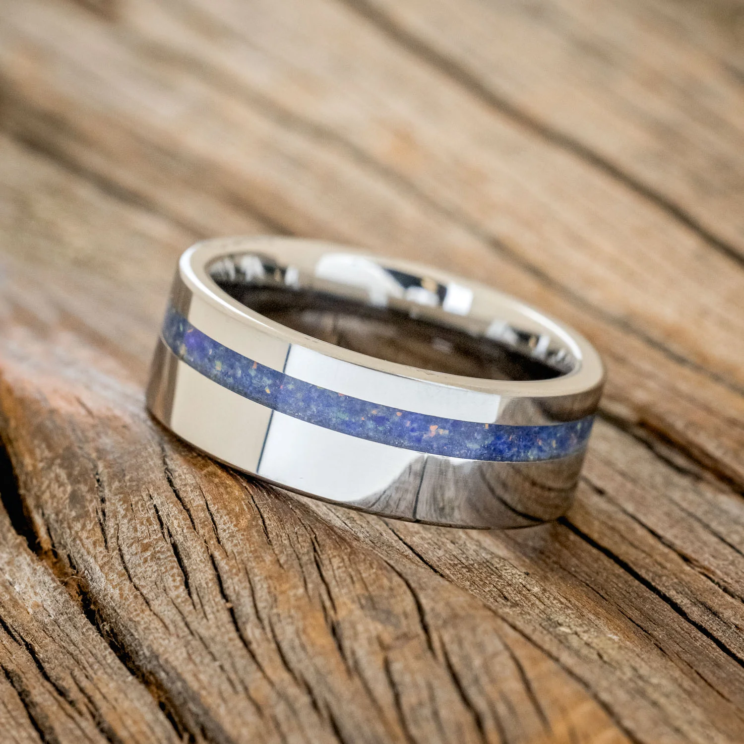 "VERTIGO" - MIXED LAPIS LAZULI & FIRE AND ICE OPAL WEDDING BAND - Image 8