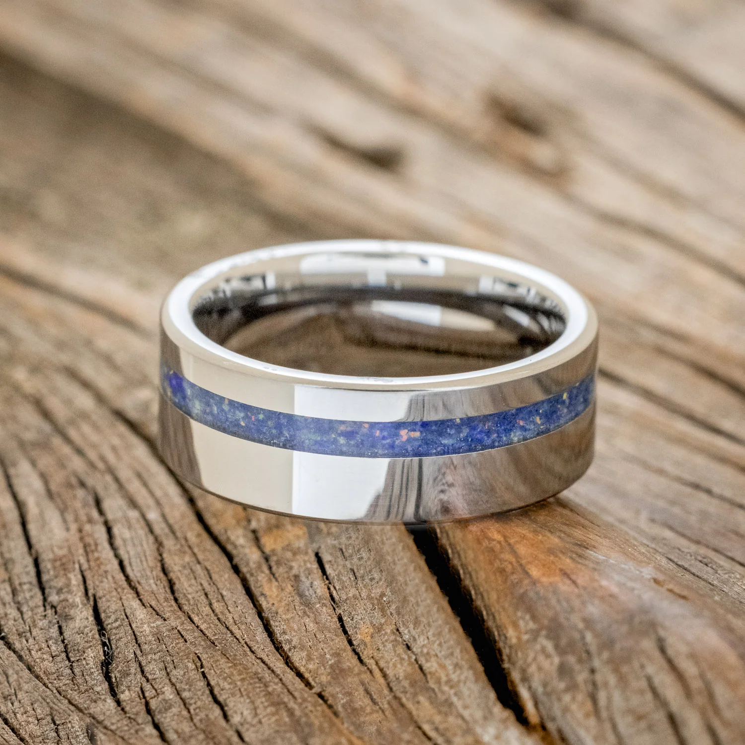 "VERTIGO" - MIXED LAPIS LAZULI & FIRE AND ICE OPAL WEDDING BAND - Image 9