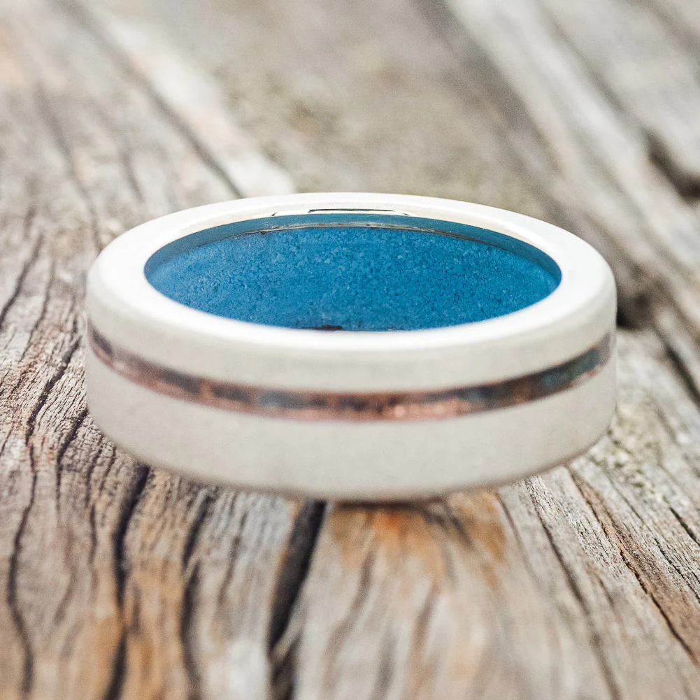 "VERTIGO" - PATINA COPPER INLAY WEDDING RING FEATURING A TURQUOISE LINING & SANDBLASTED FINISH - Image 22