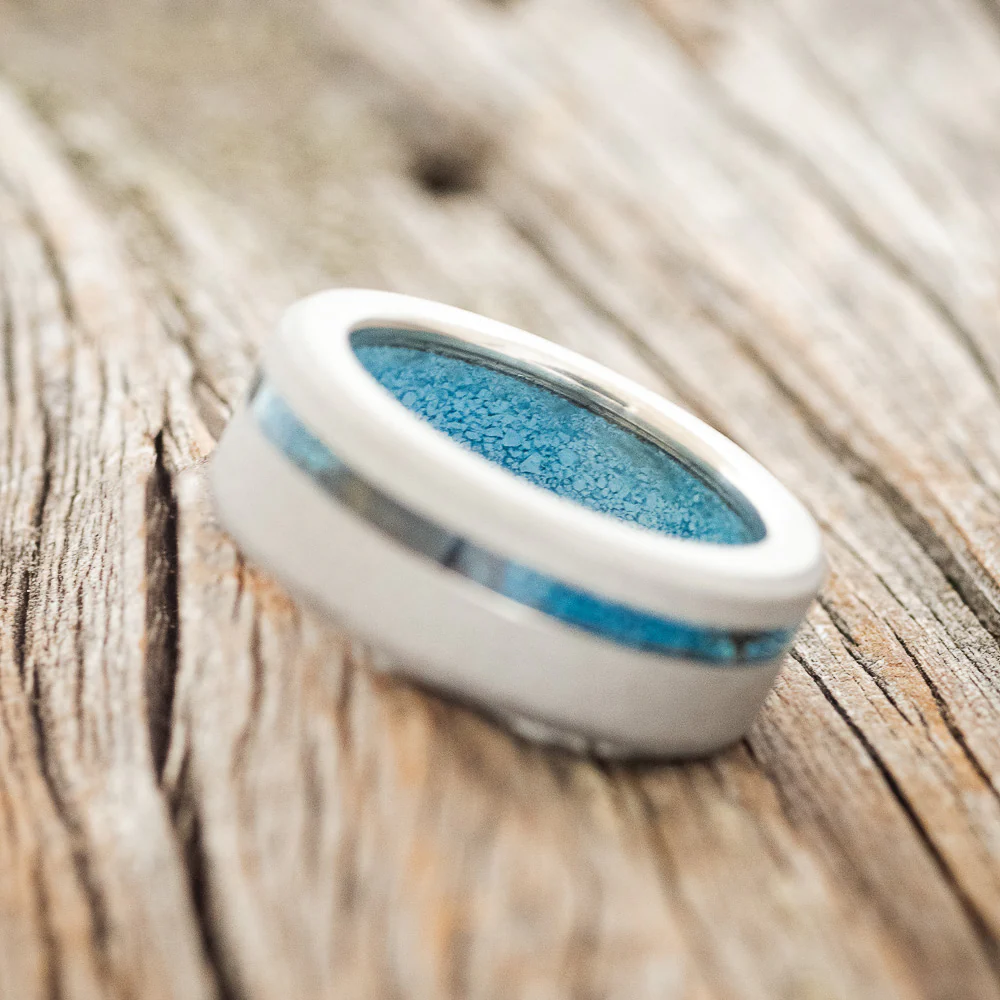 "VERTIGO" - PATINA COPPER INLAY WEDDING RING FEATURING A TURQUOISE LINING & SANDBLASTED FINISH - Image 4