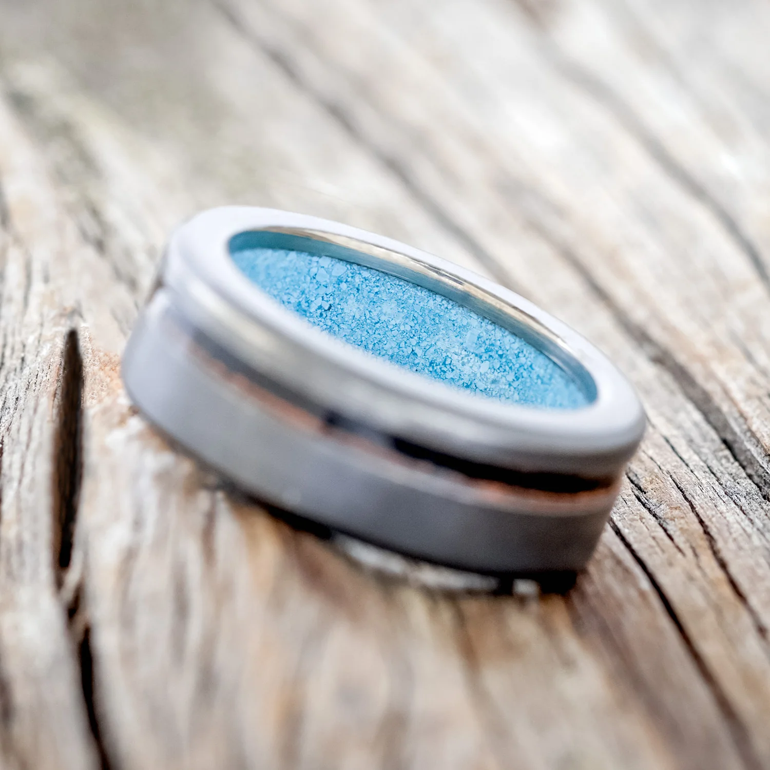 "VERTIGO" - PATINA COPPER INLAY WEDDING RING FEATURING A TURQUOISE LINING & SANDBLASTED FINISH - Image 9
