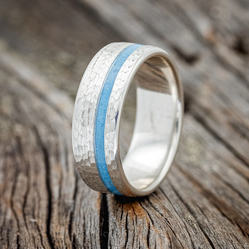 "VERTIGO" - TURQUOISE WEDDING BAND WITH A HAMMERED FINISH - Image 8