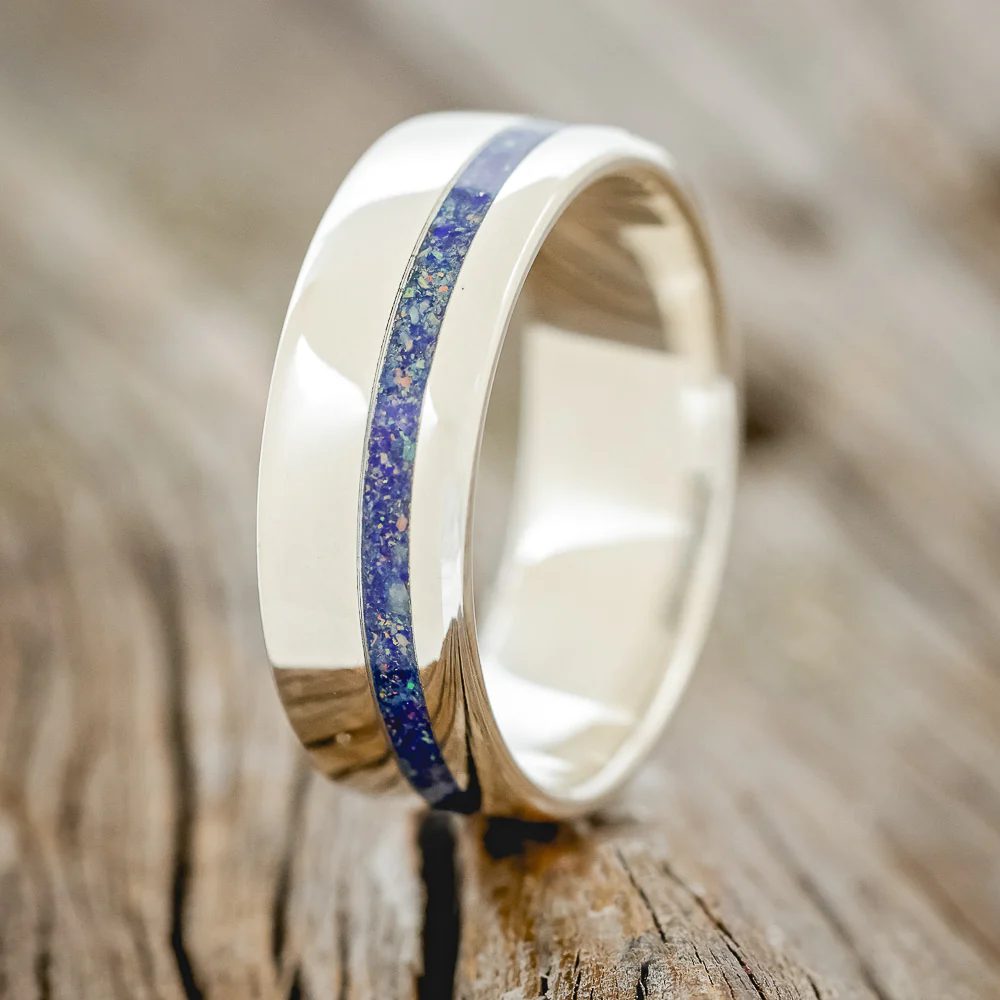 "VERTIGO" - MIXED LAPIS LAZULI & FIRE AND ICE OPAL WEDDING BAND - Image 25